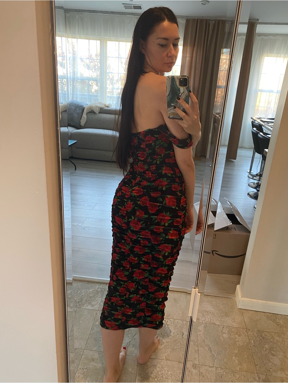 NBD Robin black & red floral midi dress, Sz S, New without tags